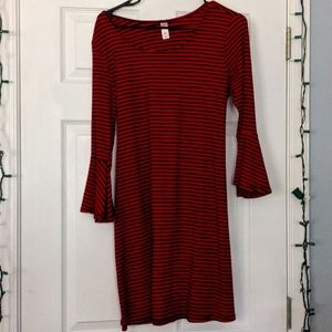 A red and black striped dress